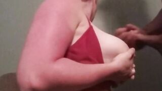 homemade amateur milf takes huge tit cumshot. hits the wall behind her