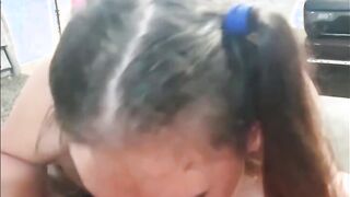 Pigtailed girl sucking whipped cream off my cock