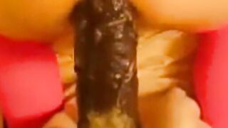 bitch in miniskirt and pink stockings riding her big dildo