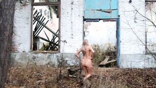 Nude Blonde Walks in Autumn Village