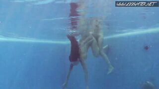 two goddess lesbian brunettes in the swimming pool