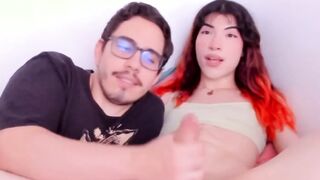 Horny guy gives blowjob to shemale big cock
