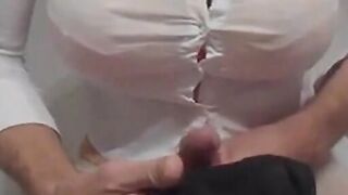 Big Boobs, White Blouse & Cum: Amateur Crossdresser Handjob