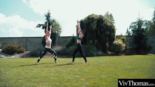 Long Boobies peels off lovers tight yoga pants and eats her