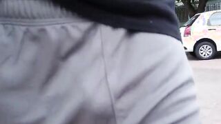 Freeballing Grey Shorts: Flaccid Cock Swinging Outdoors