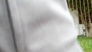 Freeballing Grey Shorts: Flaccid Cock Swinging Outdoors