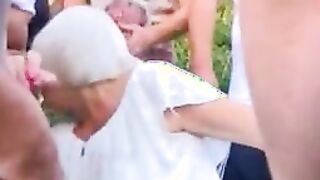 Mature wife giving blowjob to many strangers to get cum