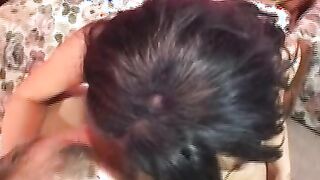 The naughty brunette seduces her sister's husband and sucks his huge dick!