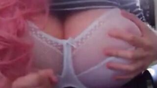 Big-Titted Crossdresser Strokes His Cock