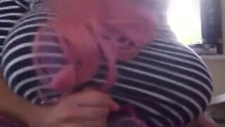 Big-Titted Crossdresser Strokes His Cock