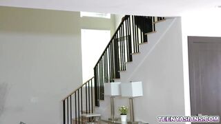 Huge Boobed Asian cougar and petite barely legal liking one long cock