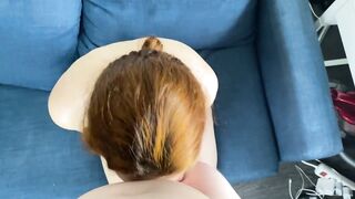 Deep amateur oral sex with cum into mouth, point of view