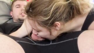 Blonde in Glasses Chokes on a Huge Cock