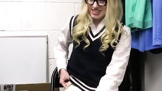 Dress stealing blonde in glasses gags on officers dick