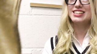 Dress stealing blonde in glasses gags on officers dick