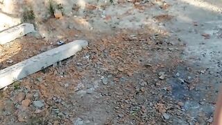 Naked teen girl walks in an abandoned building