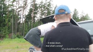 Sweet blonde tries to fix the car but gets fuck