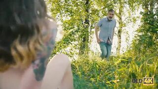 OLD4K. Bookworm doesnt mind having outside sex with hungry