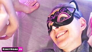 Gf looks as the slave fucks himself with a toy. Weird fetish.