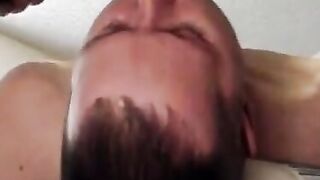 Daddy gets throat fucked and mouth full of cum by big cock