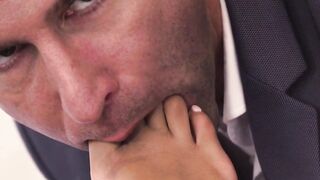 FOOTSIE BABES - Bombshell Black Romy Indy Uses Her Super Toes To Make Her Co-Worker Cum On Them