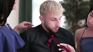 Jason X is trying to work but his employees Betzz and Lilly Bella have other ideas. The girls take their time dressing 1 another into Bombshell panties and enjoys sweet caresses. Then they slip inside dresses and check themselves apply makeup to each othe