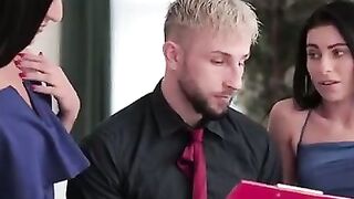 Jason X is trying to work but his employees Betzz and Lilly Bella have other ideas. The girls take their time dressing 1 another into Bombshell panties and enjoys sweet caresses. Then they slip inside dresses and check themselves apply makeup to each othe