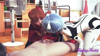 Evangelion Hentai - 3-Way Shinji, Asuka and Rei in Shinji's Room