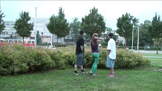 A cute barely legal Alexis Crystal inside a public street threesome