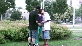 A cute barely legal Alexis Crystal inside a public street threesome
