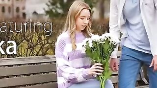 Justin meets Mirka outdoor with a bouquet of flowers. Their relationship may be new but Mirka is certainly charmed. She guides him back to her place where she crawls in Justins lap for a kiss. Feeling how rough Justin is already Mirka decides to slip