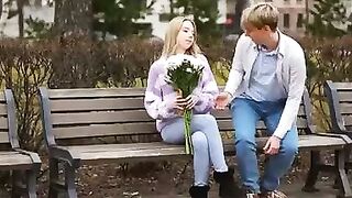 Justin meets Mirka outdoor with a bouquet of flowers. Their relationship may be new but Mirka is certainly charmed. She guides him back to her place where she crawls in Justins lap for a kiss. Feeling how rough Justin is already Mirka decides to slip
