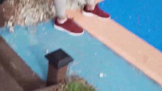 Busty blonde Ellie Tay is fucked in a public POV situation nearly getting caught