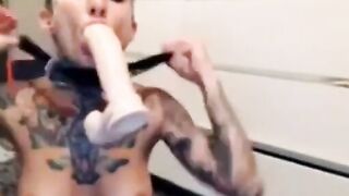 Tattooed Blonde Rough Throat Sex With Dildo On Webcam