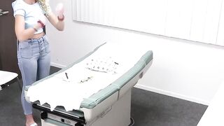 Curly blonde River Lynn spreads her legs on the doctors table and takes a big cock