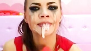 Cam Girl Deep Throats Dildo in Bondage