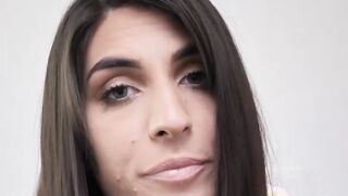 Natural tits stepsister Dana Wolf swallows thick cock POV