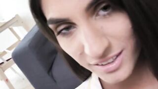 Natural tits stepsister Dana Wolf swallows thick cock POV