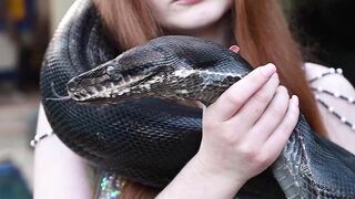 Redhead snake charmer poses nude outdoor