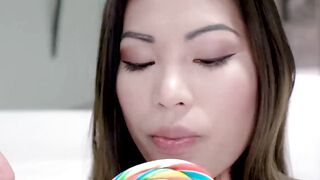 Tattooed asian teen Polly Pons sucks dick and gets fucked