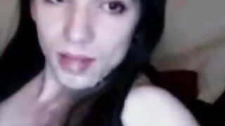 Self-Sucking Crossdresser Blasts Cum in Mouth