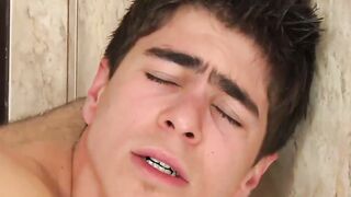 Twink gets his asshole streched wide in a public bathroom