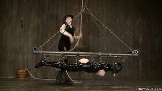 Big Tit mom tied inside rubber and hung
