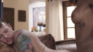 Stunning ebony tranny sucks man off and analrams him rough