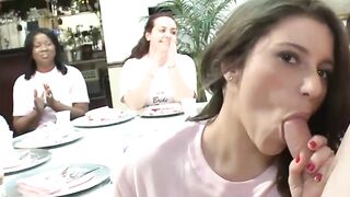Stunning amateur chicks deepthroat hard cock at CFNM party