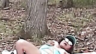 Amateur lady toys her cunt before being pounded in the woods