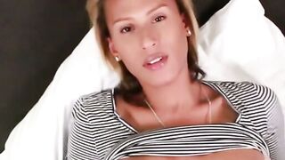 Pretty tgirl whips her cock out and feels up on it nicely