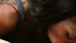 Submissive black tranny sucks white cock and moans