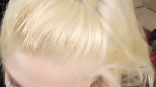 Blonde babe in schoolgirl uniform gives blowjob in threesome