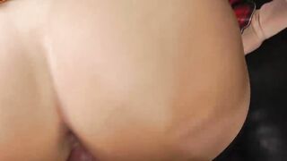 Blonde babe in schoolgirl uniform gives blowjob in threesome